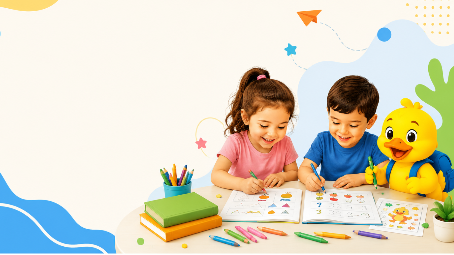 Two children coloring with crayons and a cartoon duck character on a colorful background